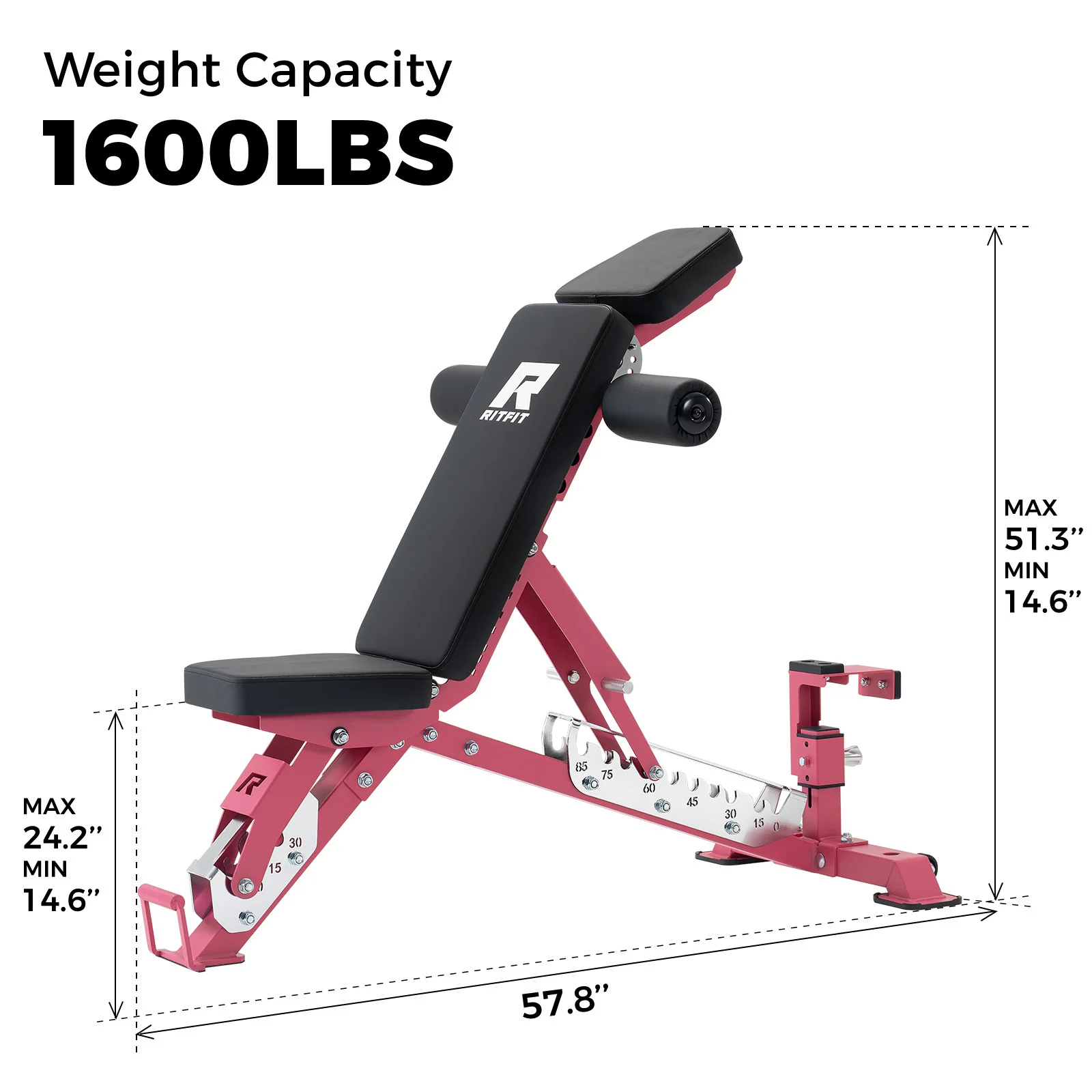 RitFit GATOR Pink 1600LB Adjustable Weight Bench - Image 5
