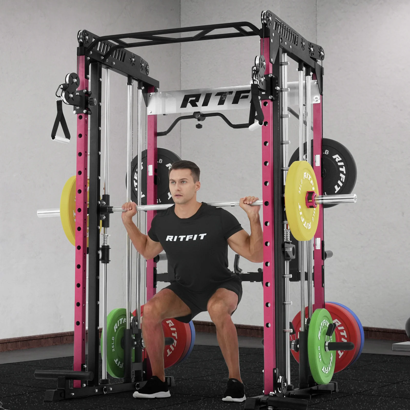 RitFit Pink M1 PRO Multi-Functional Smith Machine with Cable Crossover System and Squat Rack for Home Gym - Image 12
