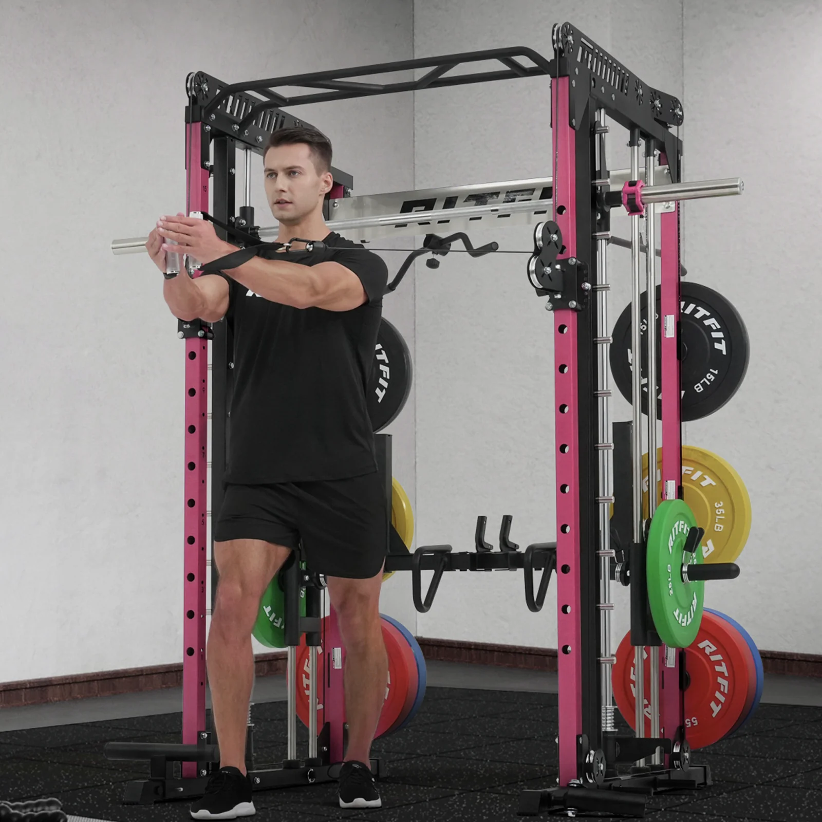 RitFit Pink M1 PRO Multi-Functional Smith Machine with Cable Crossover System and Squat Rack for Home Gym - Image 13