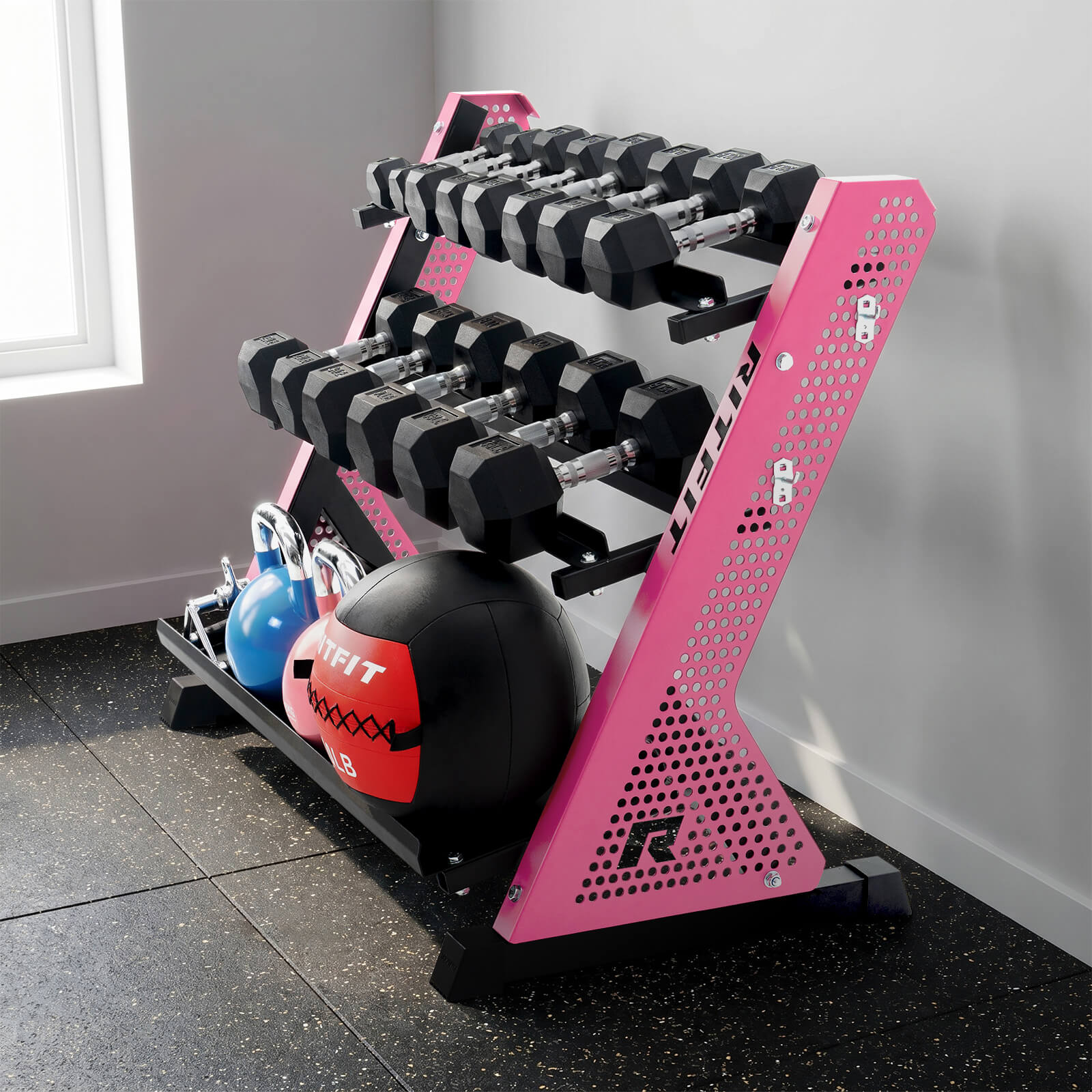 RitFit PWR05 3-Tier Dumbbell Rack with Rubber Hex Dumbbell Set - Image 3