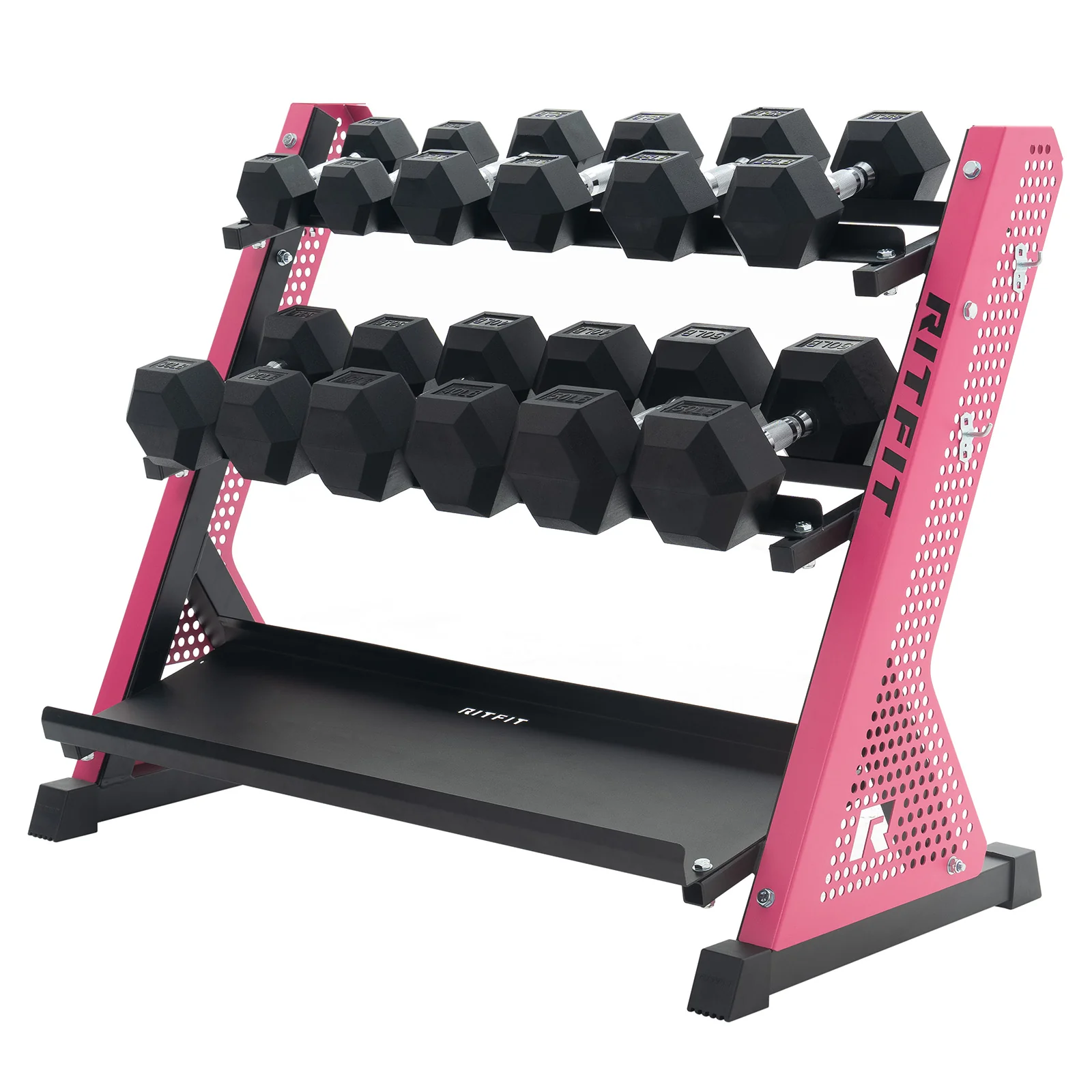 RitFit PWR05 3-Tier Dumbbell Rack with Rubber Hex Dumbbell Set - Image 4