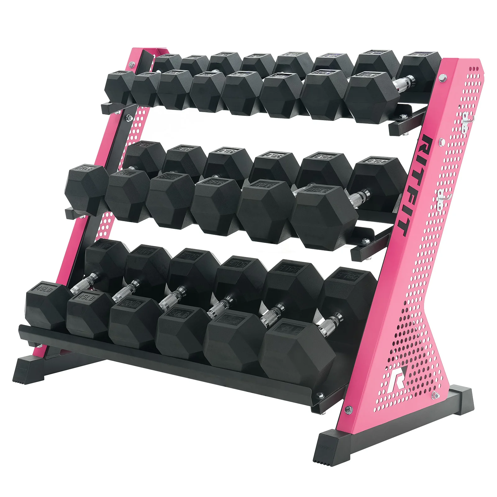 RitFit PWR05 3-Tier Dumbbell Rack with Rubber Hex Dumbbell Set - Image 5