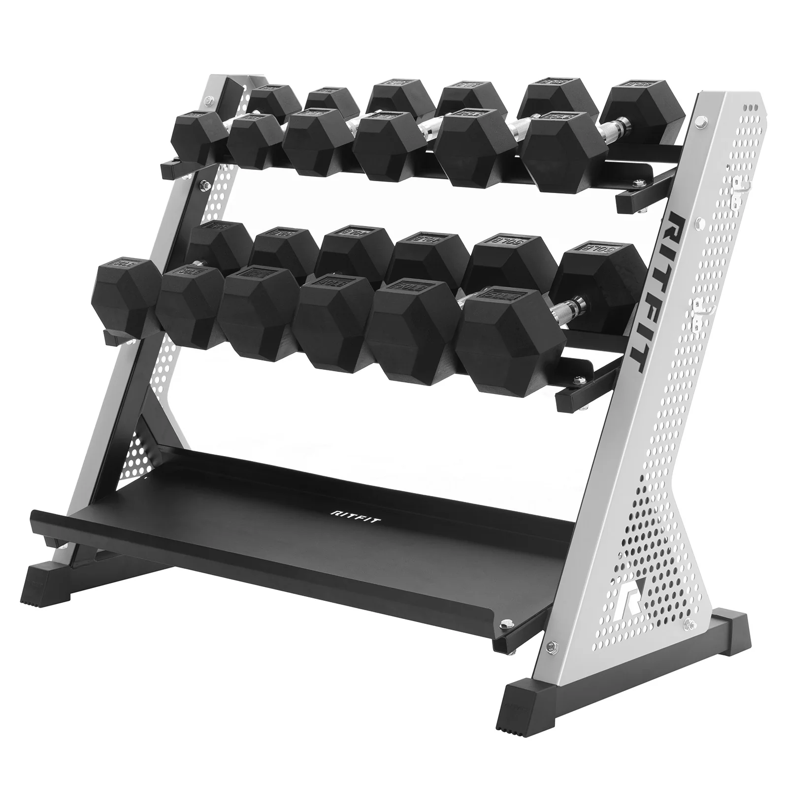RitFit PWR05 3-Tier Dumbbell Rack with Rubber Hex Dumbbell Set - Image 7