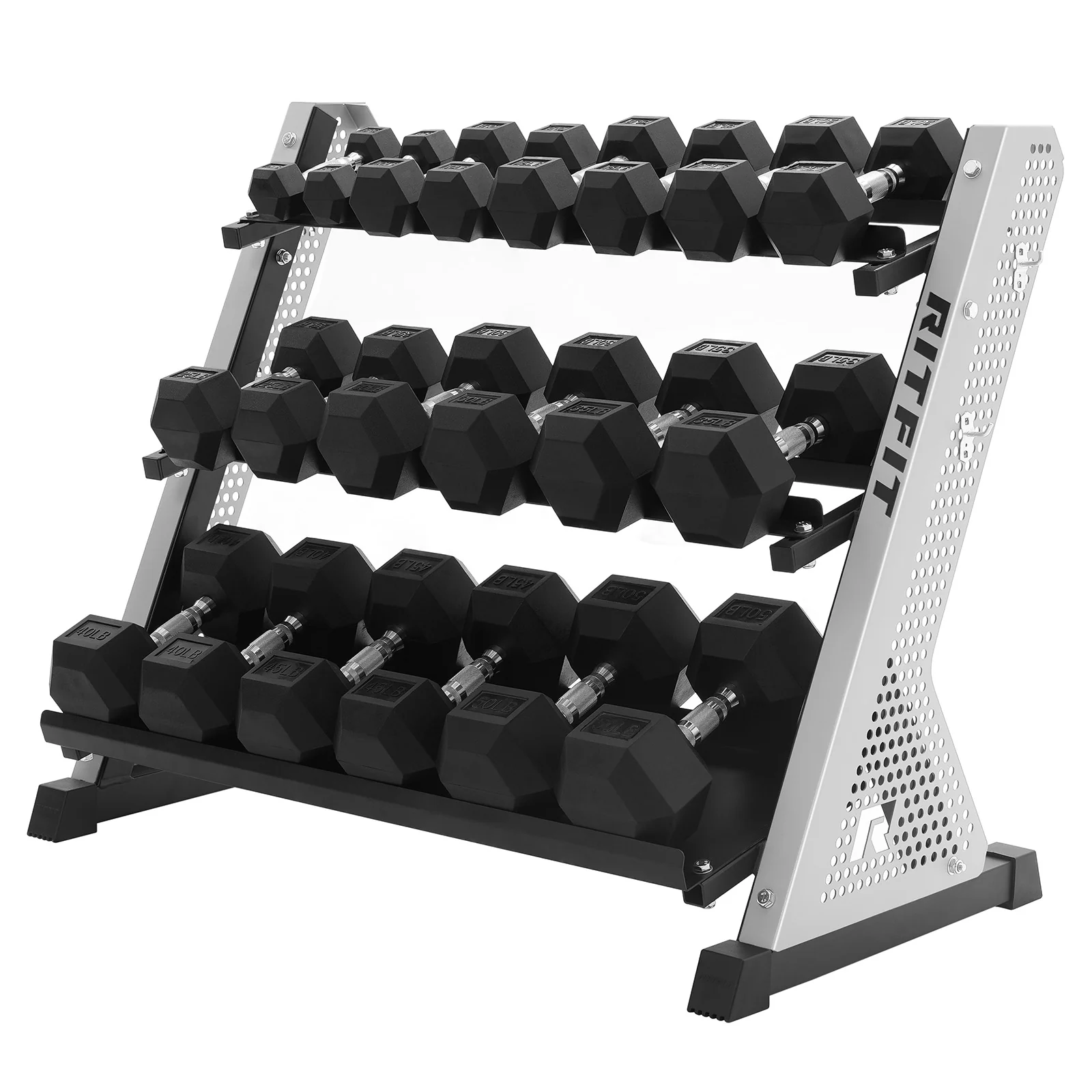 RitFit PWR05 3-Tier Dumbbell Rack with Rubber Hex Dumbbell Set - Image 8