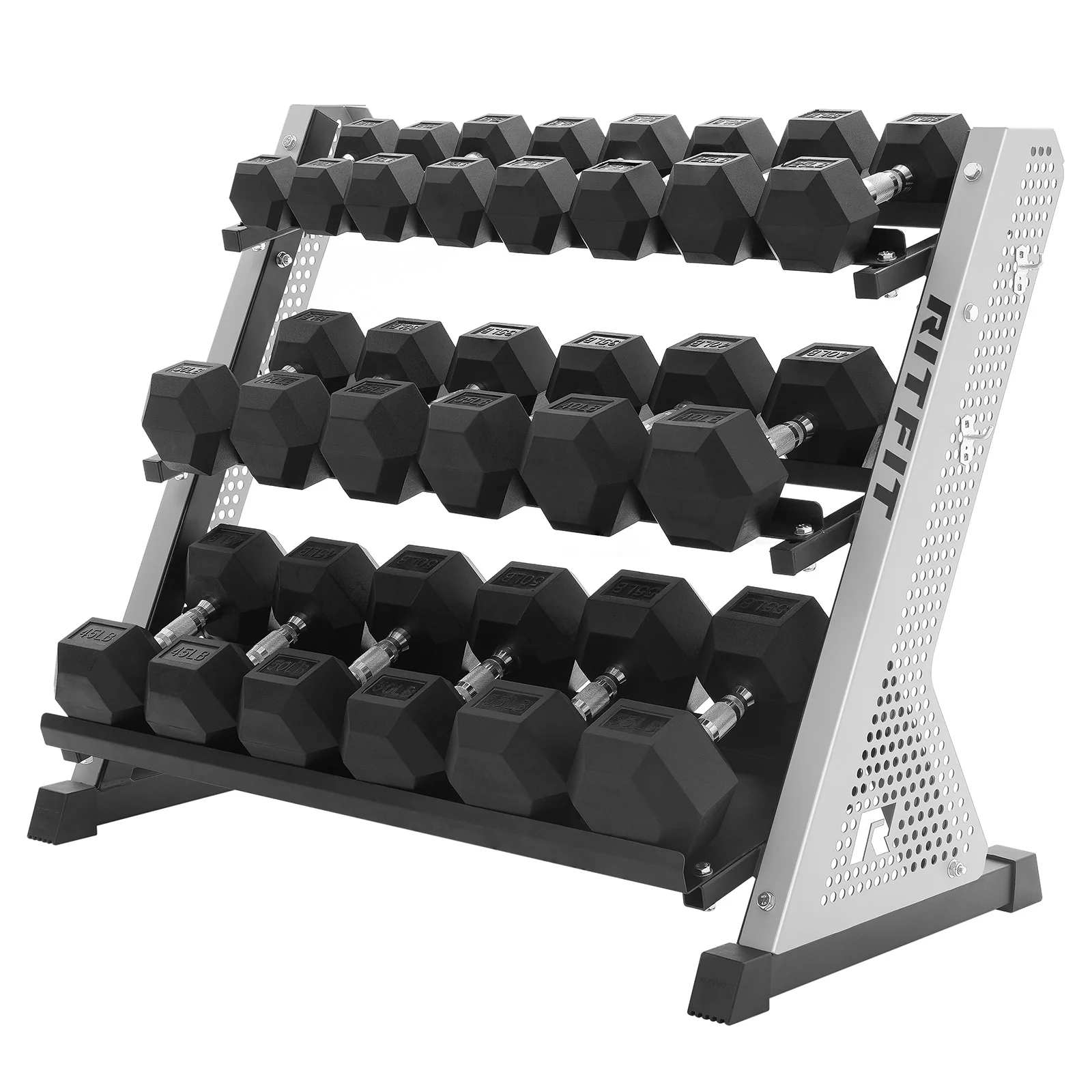 RitFit PWR05 3-Tier Dumbbell Rack with Rubber Hex Dumbbell Set - Image 9